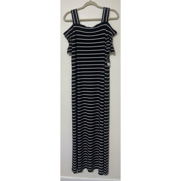 Nine West Dresses & Skirts - Nine West Maxi Dress Stretchy Black White Striped Cold Shoulder S/S Size 10